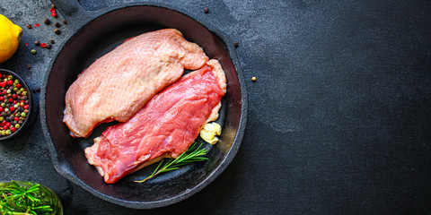 duck breast raw fillet meat, grilled meat. Menu concept food background keto or paleo diet. top...