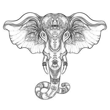 Beautiful hand-drawn tribal style elephant. Coloring book design with boho mandala patterns, ornaments. Ethnic background, spiritual art, yoga. Indian god Ganesha, Thai symbol. T-shirt print, posters.