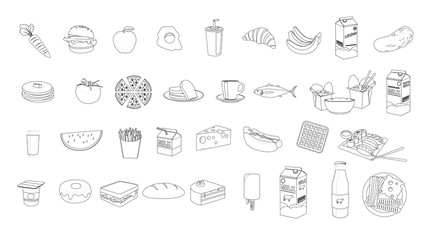 Vector Isolated Set of Food Icons in Black and White. Thin Lines