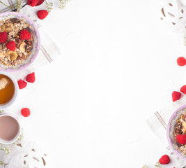 Morning Granola, Fruits,honey, fresh coffee. Berries in bowl on grey concrete background. Healthy breakfast cereals. Concept of dieting, healthy clean eating . Copy space. flat lay