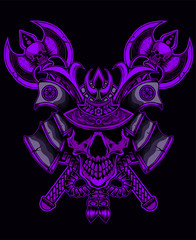 samurai helmet with skull head on black background-vector illustration art