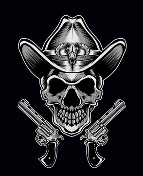 Skull head with cowboy hat on black background-vector illustration art