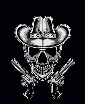 Skull head with cowboy hat on black background-vector illustration art