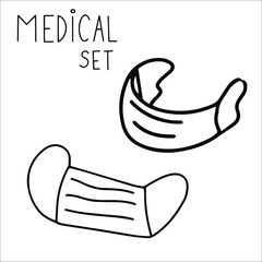 Hand drawn medical mask Doodle stock vector illustration. element for posters, stickers and seasonal design. Isolated on white background. Sketch elements set for graphic and web design.