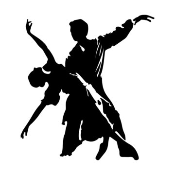 Dancing couple. Silhouettes of dancing man and woman. Black and white illustration
