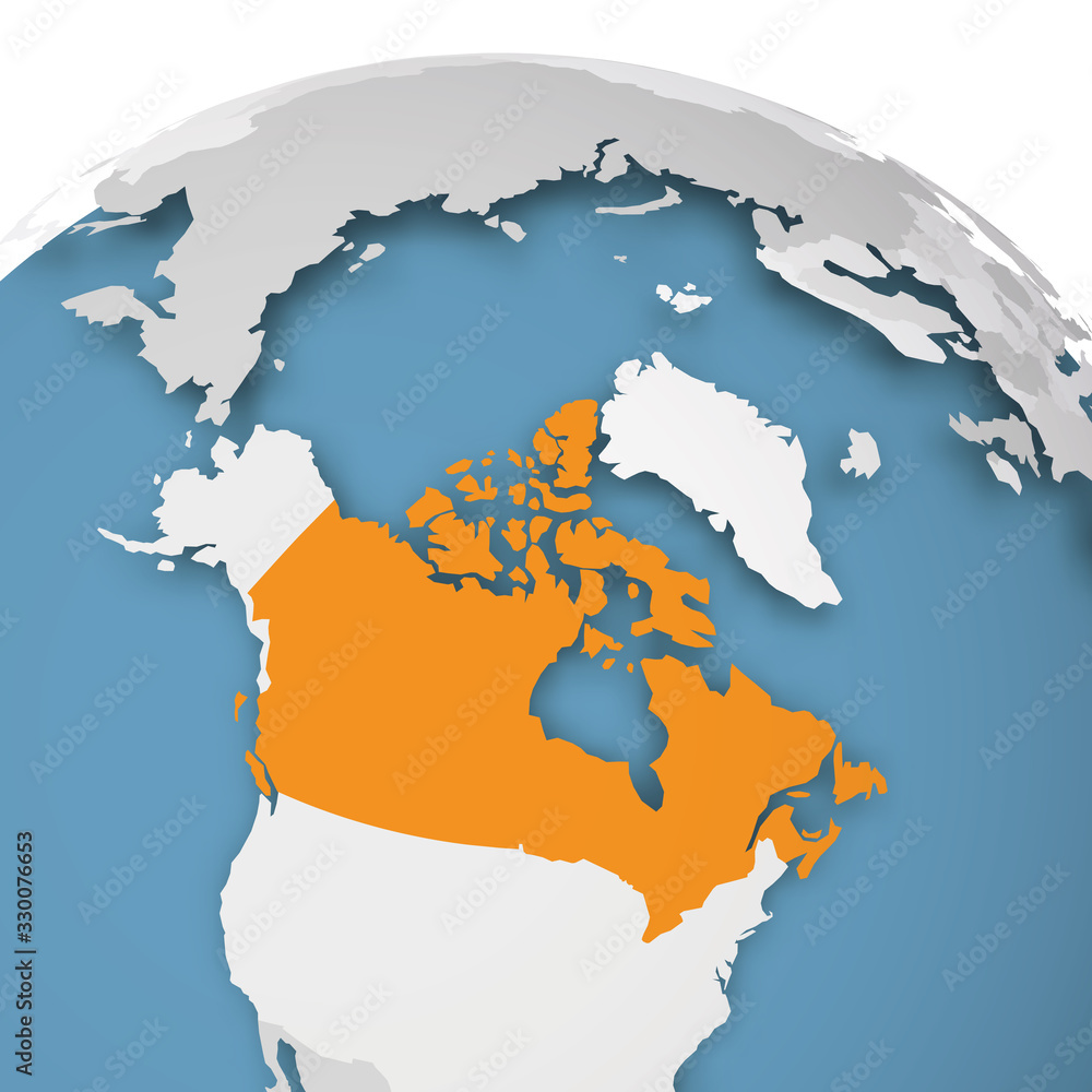 Wall mural usa orange highlighted on earth globe. 3d world map with grey political map of countries dropping sh