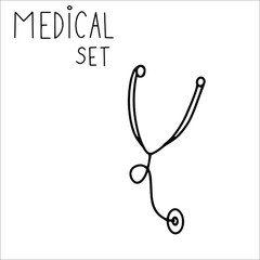 Single hand drawn stethscope Doodle stock vector illustration. element for posters, stickers and seasonal design. Isolated on white background. Sketch elements set for graphic and web design.
