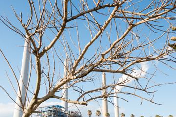smoke rises from power plant chimneys against the blue sky. Hadera, Israel power plant