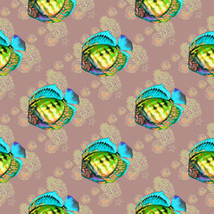 textile seamless pattern fish corals pastel background