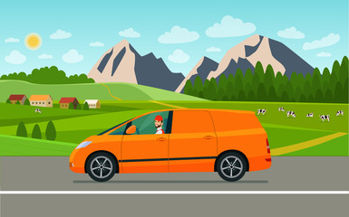 Fototapeta na wymiar Cargo van with a driver on a landscape background. Vector flat style illustration.
