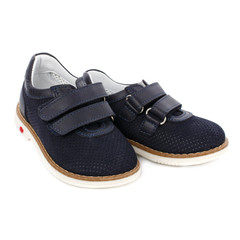 Children's dark blue shoes isolated on white. Front view