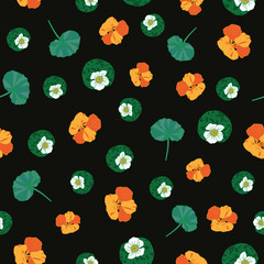 Nasturtium Mights-Flowers in Bloom seamless repeat pattern Background in yellow,orange,white and green