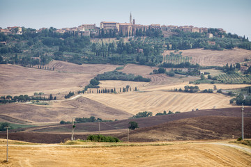 Magnificent Tuscan rolling hills landscape in the Val d"Orcia Valley. World heritage site in Tuscany Italy on July 2019