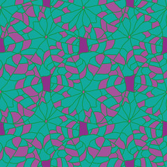 Abstract Nasturtium-Wild Leaves seamless repeat pattern background in purple and green,