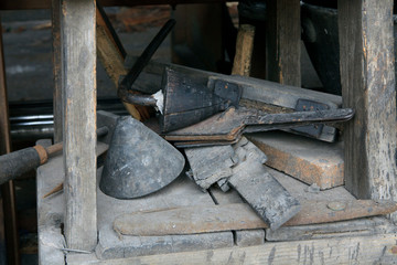 Algaida Es Pla, Majorca / Spain - August 25, 2016: Tools for glass working at handmade glass manufacturing factory Guardiola, Algaida Es Pla, Mallorca, Balearic Islands, Spain.