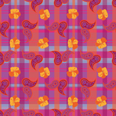 Paisley Flowers-Flowers in Bloom seamless repeat pattern Background in purple,yellow,orange,blue,pink