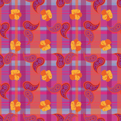 Paisley Flowers-Flowers in Bloom seamless repeat pattern Background in purple,yellow,orange,blue,pink