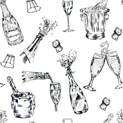 Wine, champagne glasses, drink vector seamless pattern on white background. Concept for wallpaper, wrapping paper, cards, menu 