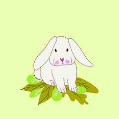 Easter bunny sitting on green leaves clean postard or poster template stock vector illustartion isolated on light green background.