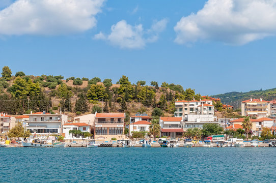 Nea Skioni, Greece - September 06, 2019: Panorama of resort of Nea Skioni, Kassandra, Chalkidiki, Central Macedonia, Greece