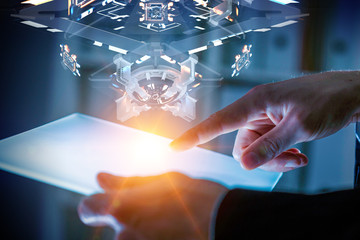 Hand and technology managing concept. Mixed media . Mixed media