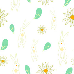 Seamless easter bunny hand drawn pattern with beautiful spring flowers stock Vector illustration. Easter greeting card. For trendy fabric design textile wallpaper wrapping paper.