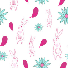 Seamless easter bunny hand drawn pattern with beautiful spring flowers stock Vector illustration. Easter greeting card. For trendy fabric design textile wallpaper wrapping paper.