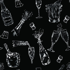 Wine, champagne drink chalk vector seamless pattern on black background . Concept for menu, cards , wallpaper, wrapping paper 