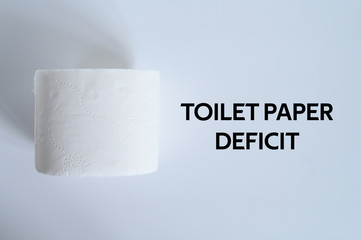 rolled white toilet paper on a white background and text toilet paper deficit. ofl font. flat lay,...