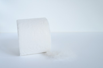 a roll of toilet paper and a white feather on a white background. space for text