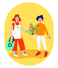 Concept of kind female seller man customer buying food. Salesperson with eco bag and spring vegetables Flat cartoon vector isolated illustration