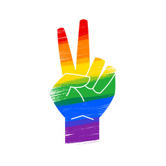 Victory sign in rainbow LGBT flag colors - paint style vector illustration.