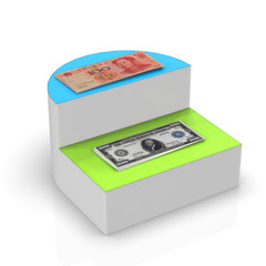 3d rendering of stack of china and US dollar on the high low table