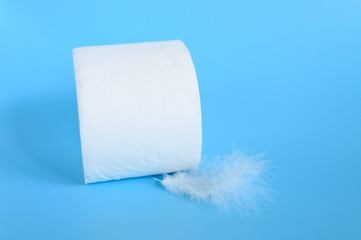 a roll of toilet paper and a blue feather on a white background