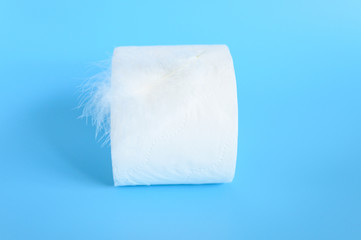 a roll of toilet paper and a blue feather on a white background