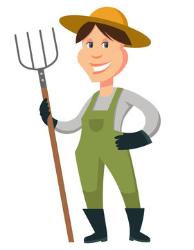 Female farmer standing with pitchfork. Cartoon character isolated on white background.