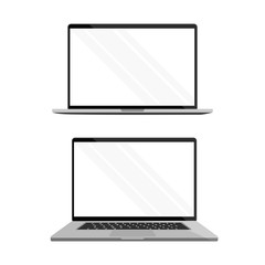 Laptop in apple Macbook style mockup with white screen - front view. Modern dark grey laptop with reflections and shadows isolated on background. Vector illustration. , white aluminium body.