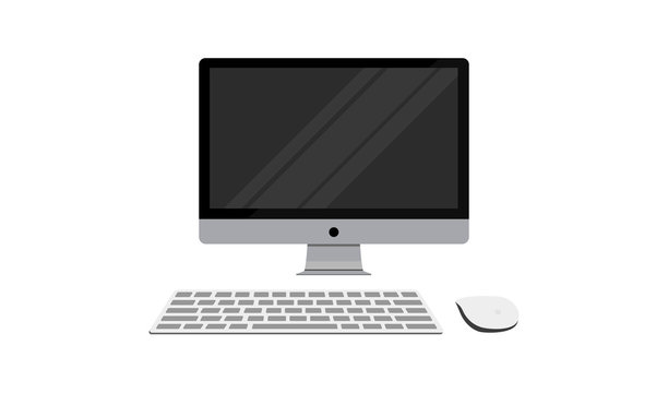 Realistic Computer, LCD monitor in  style grey color with blank screen for computer with keyboard and mouse, isolated on white background. Computer in style mockup.  Can use for website, presentation