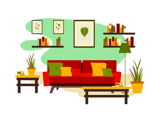 living room interior with furniture, table, shelves with books and home flowers, floor lamp. flat cartoon vector illustration