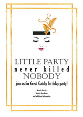 Hand drawn watercolor birthday party invitation with golden frame and woman. Vintage card template, jewel imitation. Art deco and art nouveau elements. Great Gatsby party poster or flyer. - 330088274