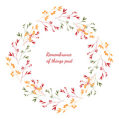 Decorative wreath of bouquets and elements of flowers and plants in doodle style. Soft orange, yellow, green, red colors. Hand drawing. Isolated object on a white background.
