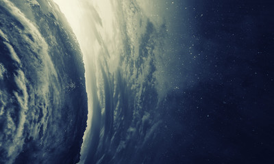 Planet orbit with cloudy sky