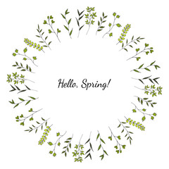 Simple cute green branches and leaves in doodle style. Decorative wreath. Isolated object on a white background. Hand drawing.
