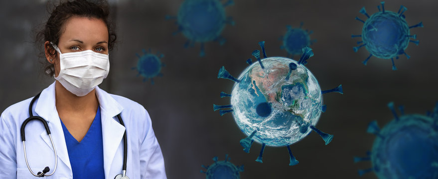 Biology and science. Doctor wearing protection face mask. Virus or bacteria cells. Global alert. Epidemic flu. Coronavirus. Medical staff preventive gear. Elements of this image furnished by NASA. - Powered by Adobe