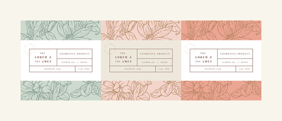 Vector set pattens for cosmetics with label template design. Patterns or wrapping paper for package and beauty salons. Magnolia flowers. Organic, natural cosmetic.
