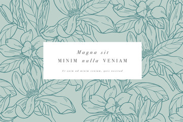 Vintage card with magnolia flowers. Floral wreath. Flower frame for flowershop with label designs. Summer floral magnolia greeting card. Flowers background for cosmetics packaging. © oxygen_8
