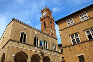 Pienza (SI), Italy - June 01, 2016: Clock tower, Pienza, Val d´Orcia, Siena, Tuscany, Italy