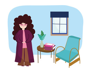 young woman with long curly hair in the room with chair and books, book day