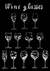 Wine, champagne chalk glasses , lettering vector isolated design elements. Concept for logo, menu, cards 