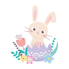 happy easter day, rabbit in eggshell flowers leaves decoration